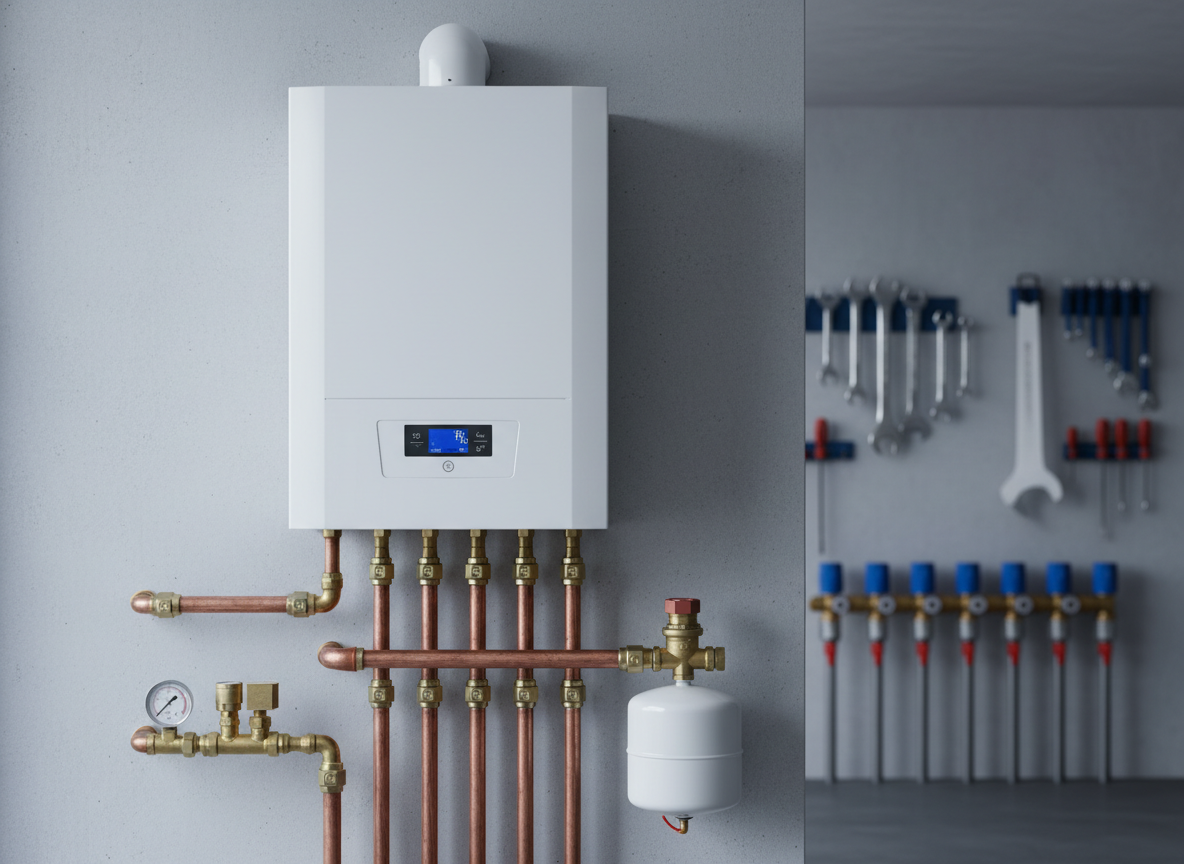 A meticulously installed wall-mounted gas boiler unit with a sleek white metal casing and digital control panel, fixed on a clean light-gray concrete wall inside a modern utility room. Around it, neatly arranged insulated copper pipes, brass valves, and a compact expansion tank create an orderly technical composition. Cool, diffused daylight enters from an unseen window, softly illuminating the boiler’s smooth surface and casting gentle shadows of the pipework. The mood is professional, precise, and reliable. Photographic realism at eye level, with sharp focus on every fitting and connection, and a slightly blurred background of organized tool racks and labeled manifolds, emphasizing clean and modern heating technology installation.