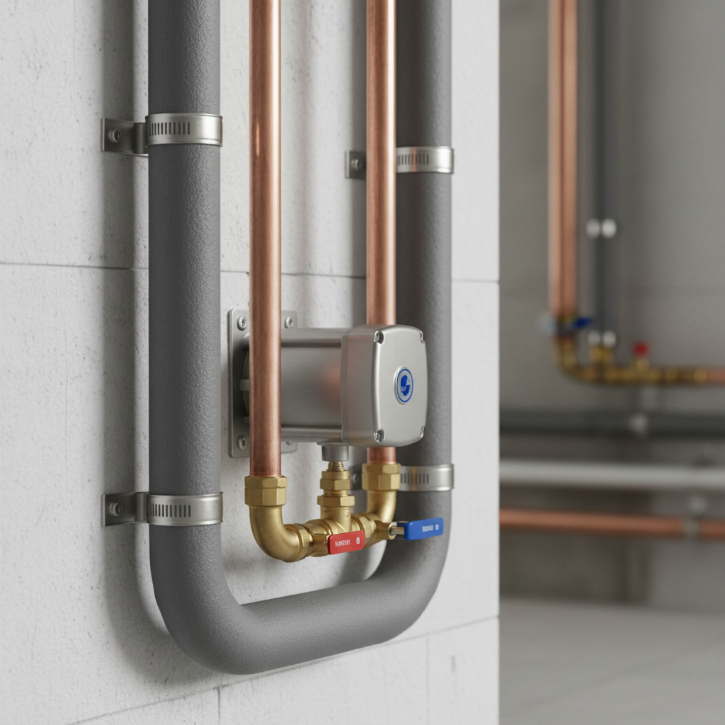 A detailed close-up of a hydronic radiator heating system segment, featuring thick insulated copper supply and return lines connected to a compact wall-mounted circulation pump and brass balancing valves. The system is arranged on a white-painted masonry wall with precise right-angle bends and tidy pipe clamps. Neutral studio-style lighting from the side accentuates the texture of insulation foam, the brushed metal of the pump housing, and the warm tone of the brass fittings. The mood is technical yet refined, highlighting craftsmanship. Photographic realism with a tight, horizontal composition and shallow depth of field isolates the heating components against a softly blurred industrial background, ideal for showcasing professional kat kaloriferi installation quality.