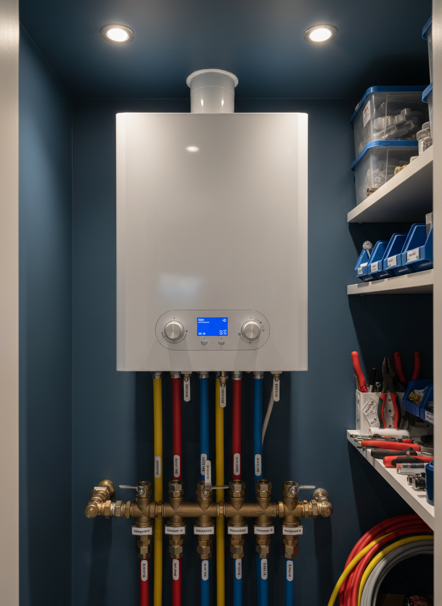A compact, high-efficiency combi boiler system integrated into a tidy apartment heating corner, surrounded by color-coded PEX pipes and carefully labeled manifolds. The white enamel boiler front with a small LCD screen and minimalistic control knobs stands out against a matte dark-blue wall. Warm ceiling-mounted LED lighting creates soft highlights on metallic connectors and subtle reflections on the boiler’s casing. The atmosphere is calm, efficient, and trustworthy. Captured in photographic realism from a slightly elevated angle, showing the entire system from boiler to distribution manifold, with shallow depth of field that keeps the main unit crisp while gently blurring a backdrop of organized spare parts shelves and service tools.